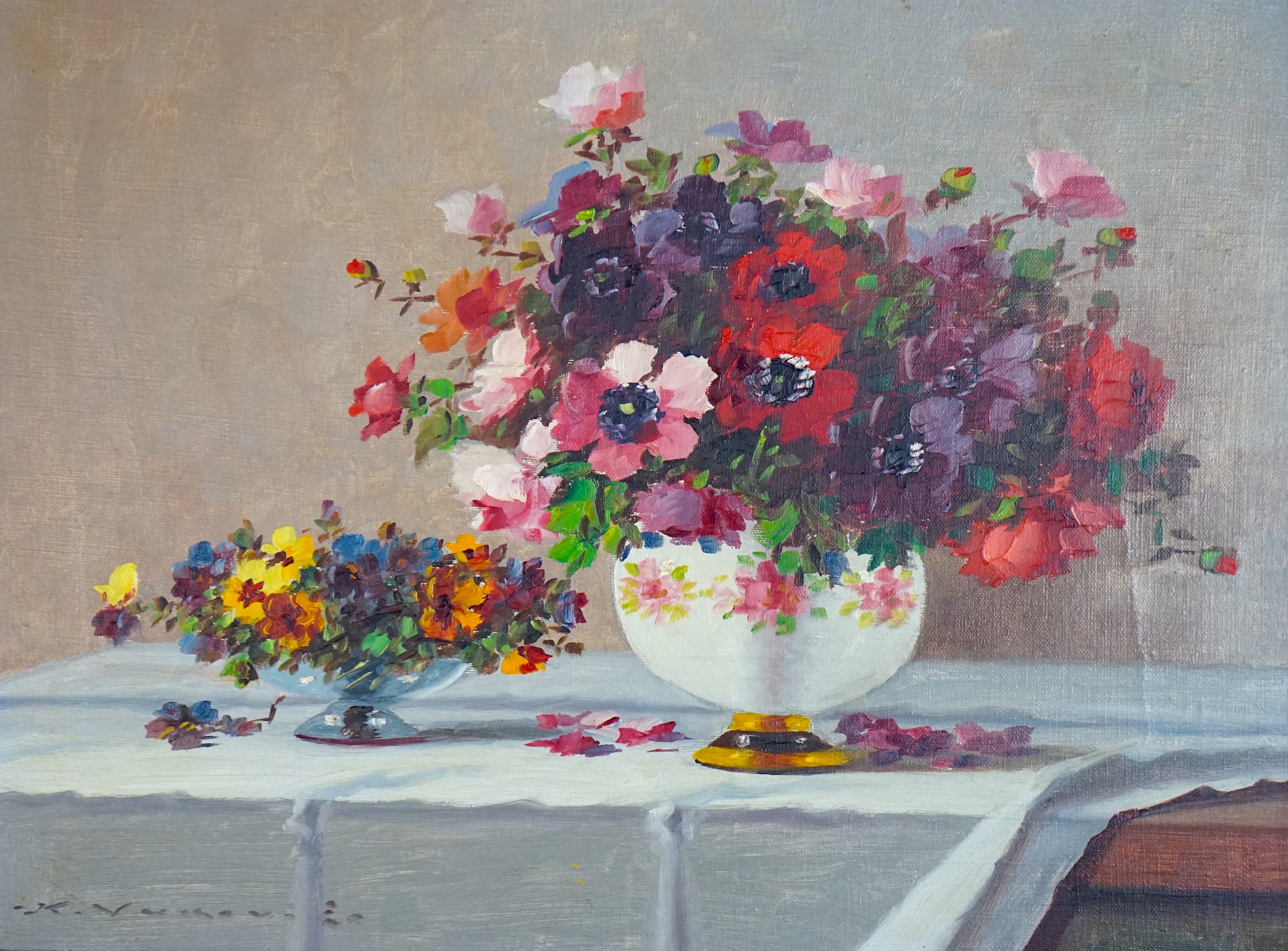 Karl Vukovic (1897-1973), oil on canvas, Still life of flowers on a table top, signed, Stacy Marks label verso, 30 x 40cm